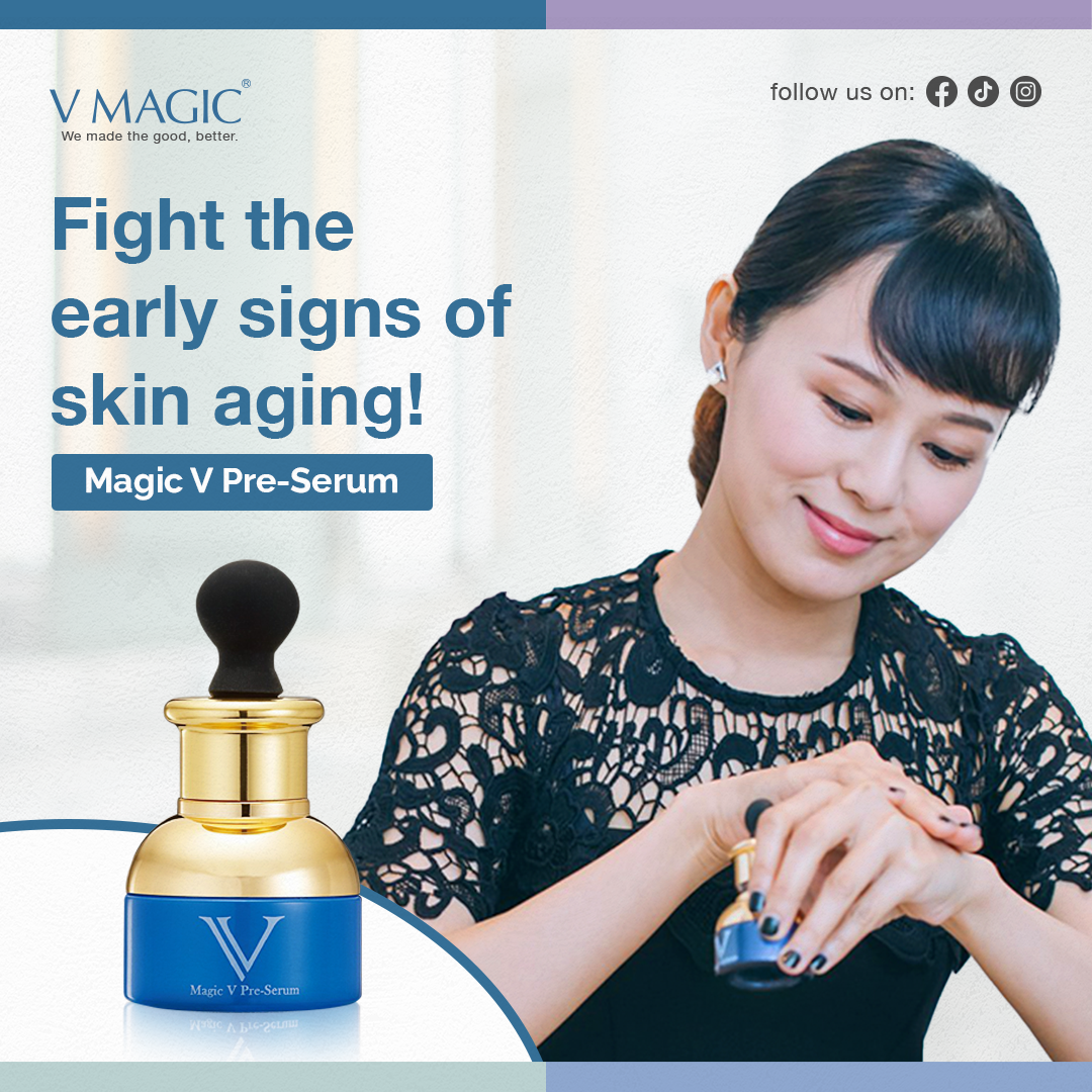 A woman applying Magic V Pre-serum to fight the early signs of ksin aging.