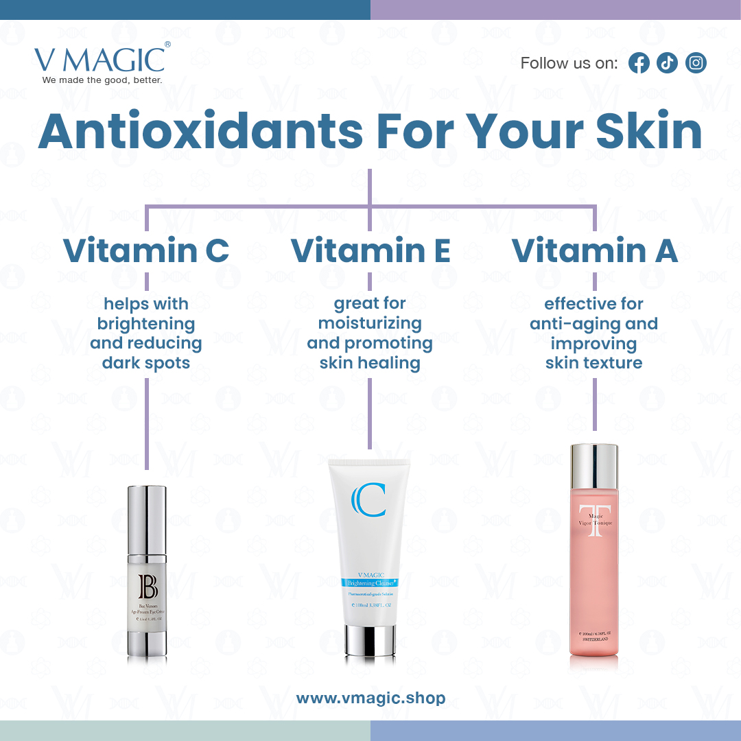 Three skincare products with Vitamins C, E & A - antioxidants that help reduce the signs of skin aging.