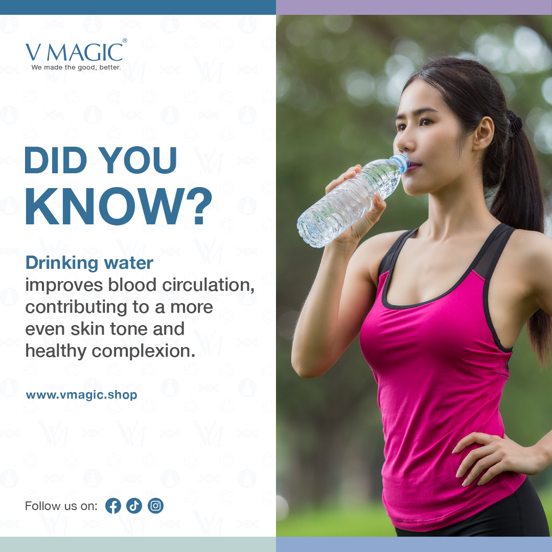 A woman drinking water as it helps improve skin complexion.